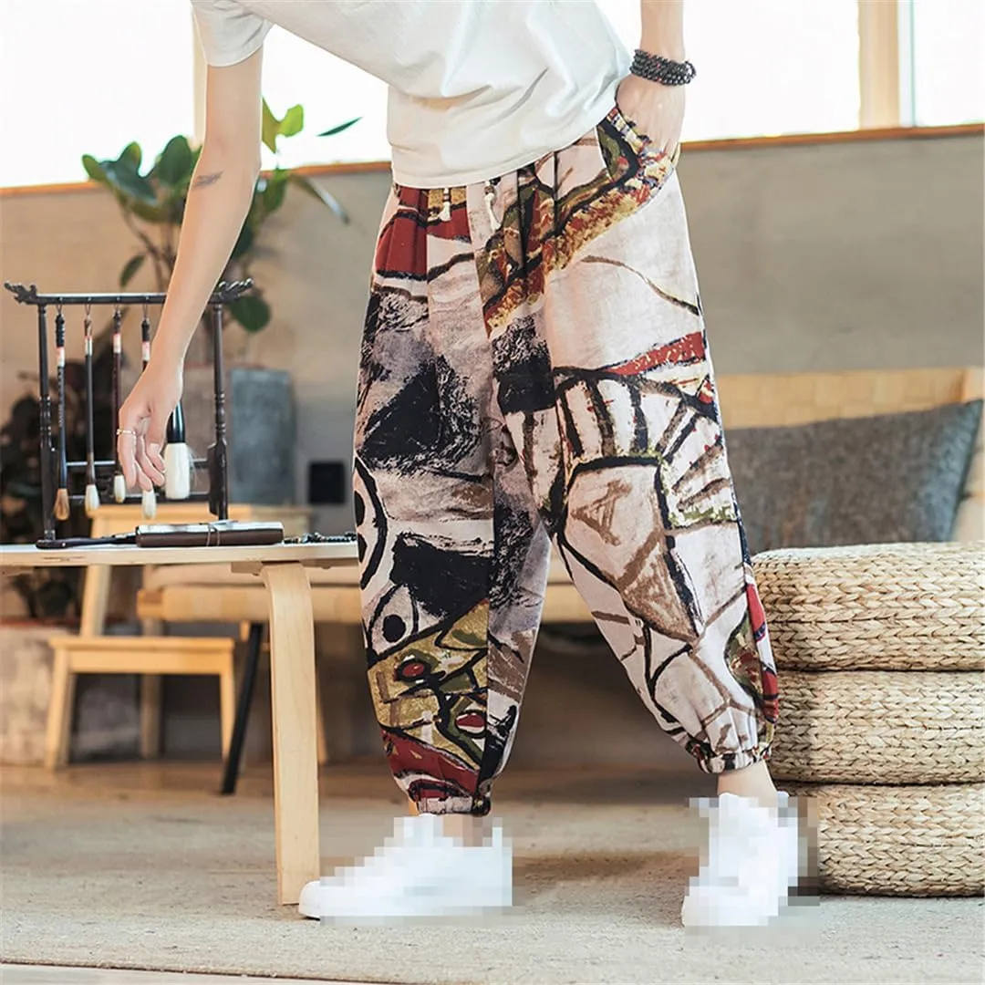 Streetwear Mens Harem Pants Vintage Linen Casual Pants Jogging Male Wide Leg Trousers Big Size