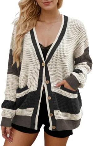 Sumleno Womens Vintage Color Block Cardigan Sweaters Y2k Long Sleeve Button Open Front Knit Baggy Fall Winter Clothes