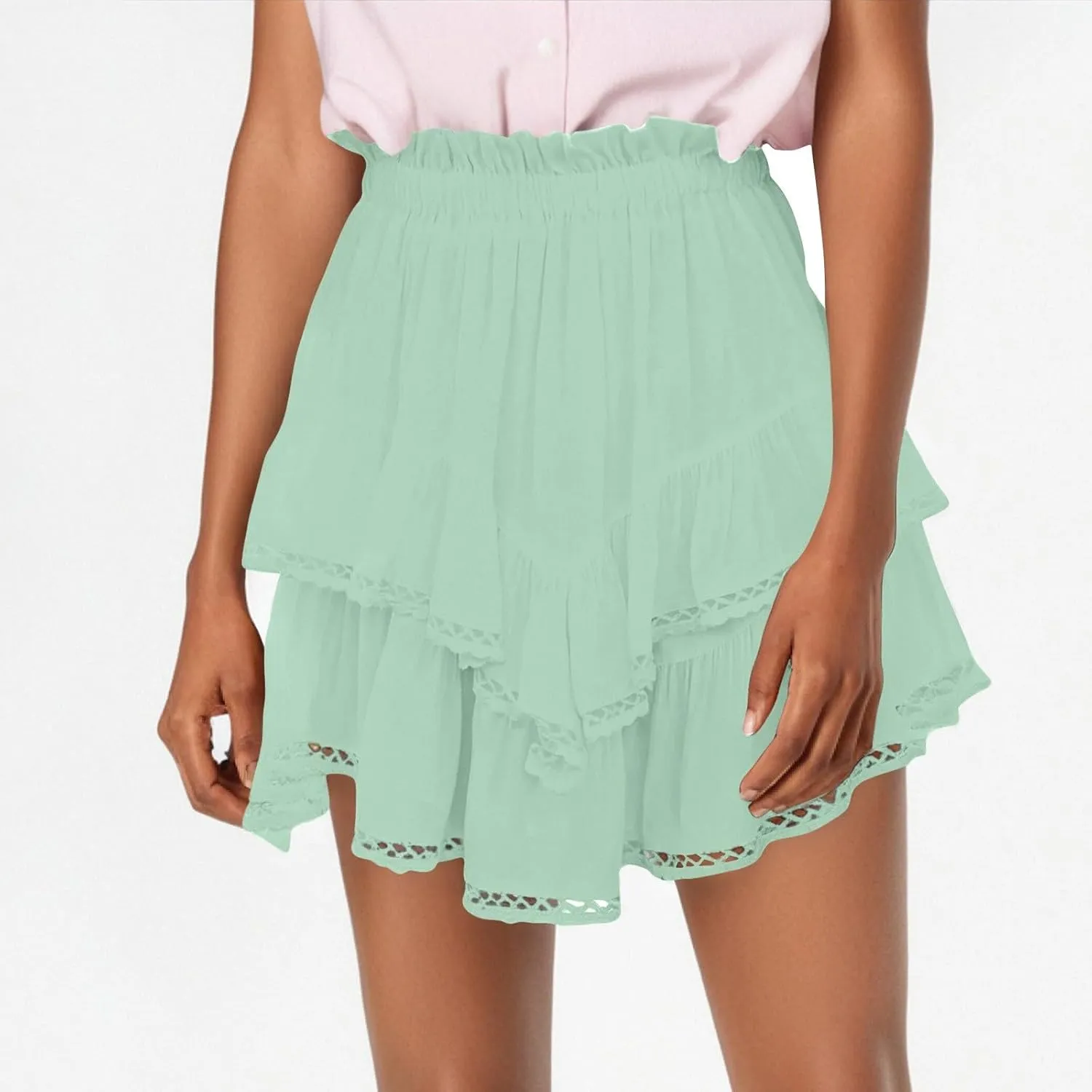 Summer Flowy Skirts for Women Trendy High Waisted Boho Tiered Ruffle Mini Skirt Y2K Cute Layered Golf Tennis Skorts
