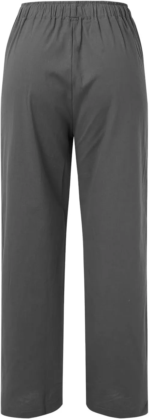 Summer Linen Pants for Womens 2025 Wide Leg Baggy Drawstring Elastic Waisted Palazzo Harem Trousers with Pockets