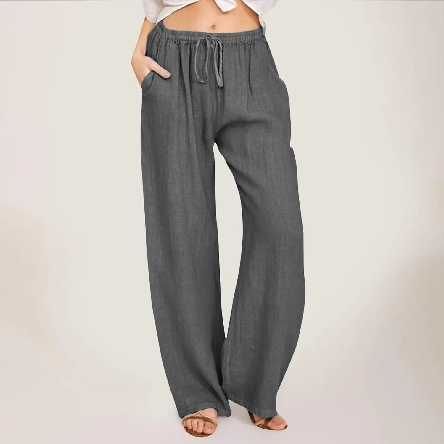 Summer Linen Pants for Womens 2025 Wide Leg Baggy Drawstring Elastic Waisted Palazzo Harem Trousers with Pockets