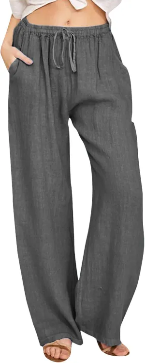 Summer Linen Pants for Womens 2025 Wide Leg Baggy Drawstring Elastic Waisted Palazzo Harem Trousers with Pockets