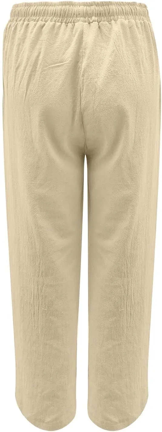 Summer Linen Pants Women Lightweight Wide Leg Palazzo Pants Loose Fit Drawstring Flowy Lounge Trousers with Pockets