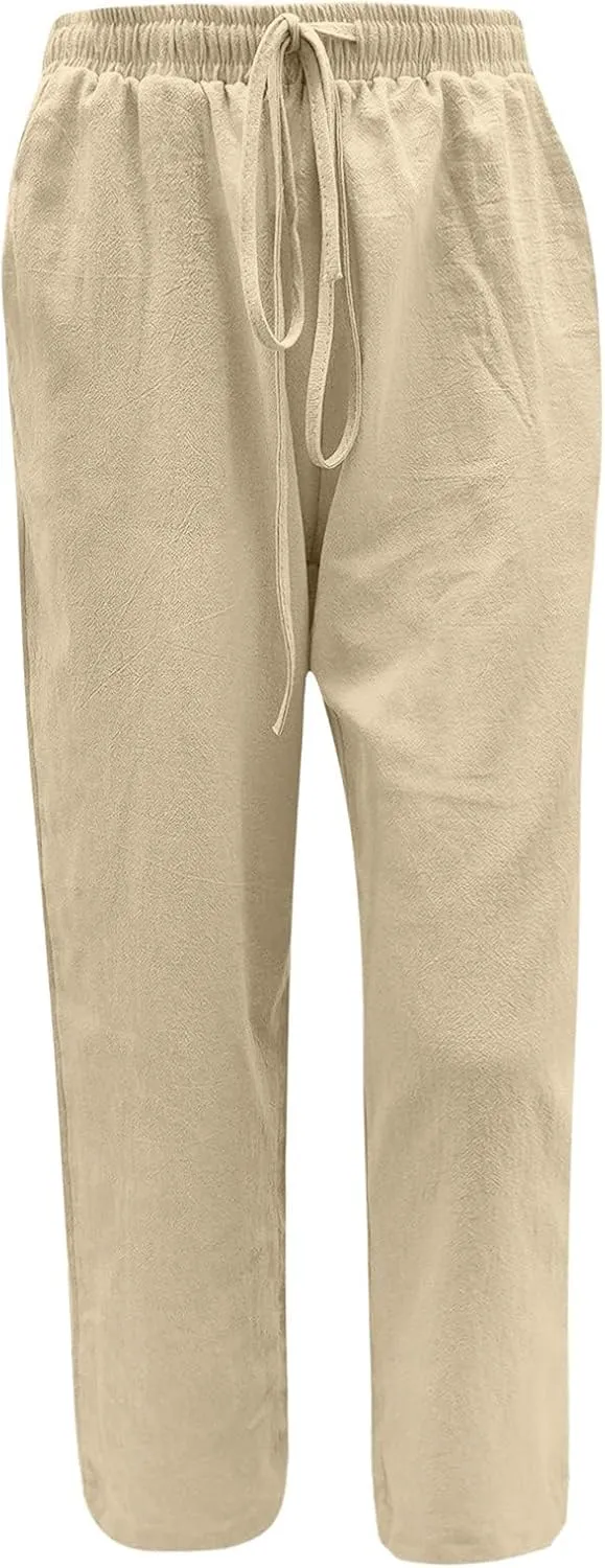 Summer Linen Pants Women Lightweight Wide Leg Palazzo Pants Loose Fit Drawstring Flowy Lounge Trousers with Pockets