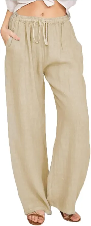 Summer Linen Pants Women Lightweight Wide Leg Palazzo Pants Loose Fit Drawstring Flowy Lounge Trousers with Pockets