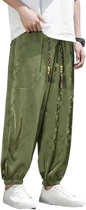 Summer Men's Ice Silk Harem Pants Chinese Tang Dynasty Vintage Jacquard Pants Loose Harem Leaf Print Hip Hop