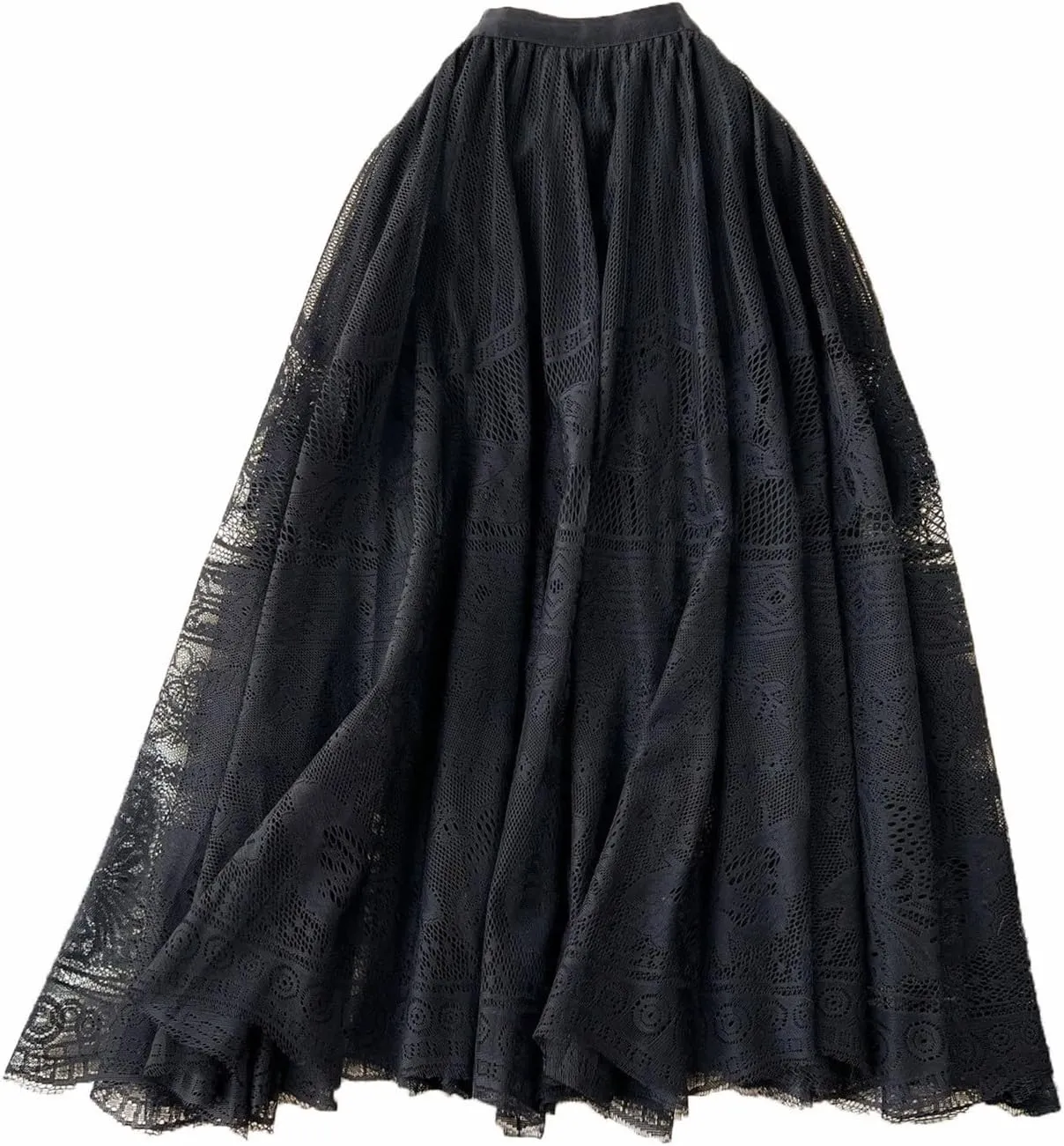 Summer Women Loose Casual Vintage Print A-Line Skirt White Cotton Linen Mid-Calf Skirts Lace Mesh Midi Half Dress