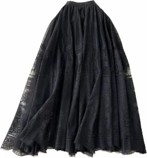 Summer Women Loose Casual Vintage Print A-Line Skirt White Cotton Linen Mid-Calf Skirts Lace Mesh Midi Half Dress