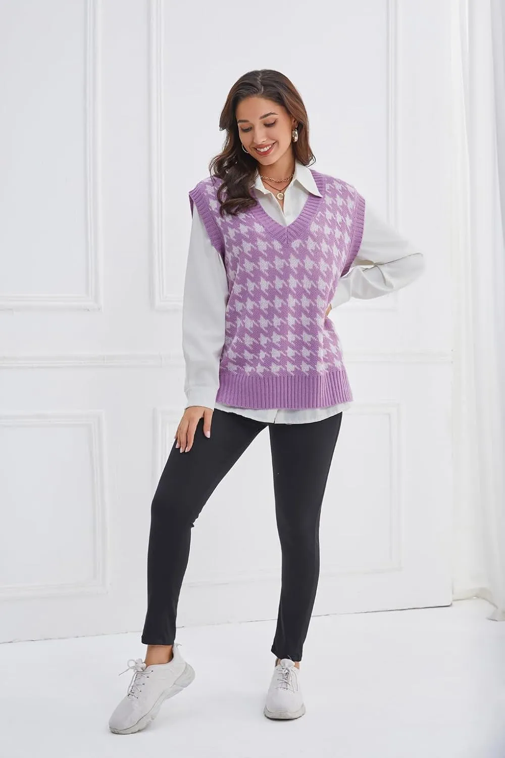 Sunfaynis Women's V Neck Houndstooth Sweater Vest Sleeveless Loose Pullover Sweater