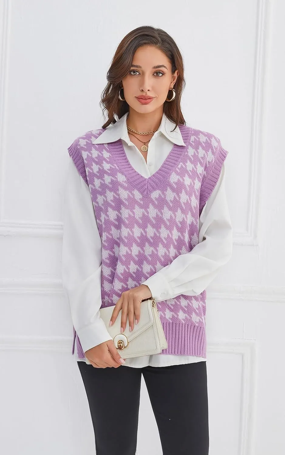 Sunfaynis Women's V Neck Houndstooth Sweater Vest Sleeveless Loose Pullover Sweater