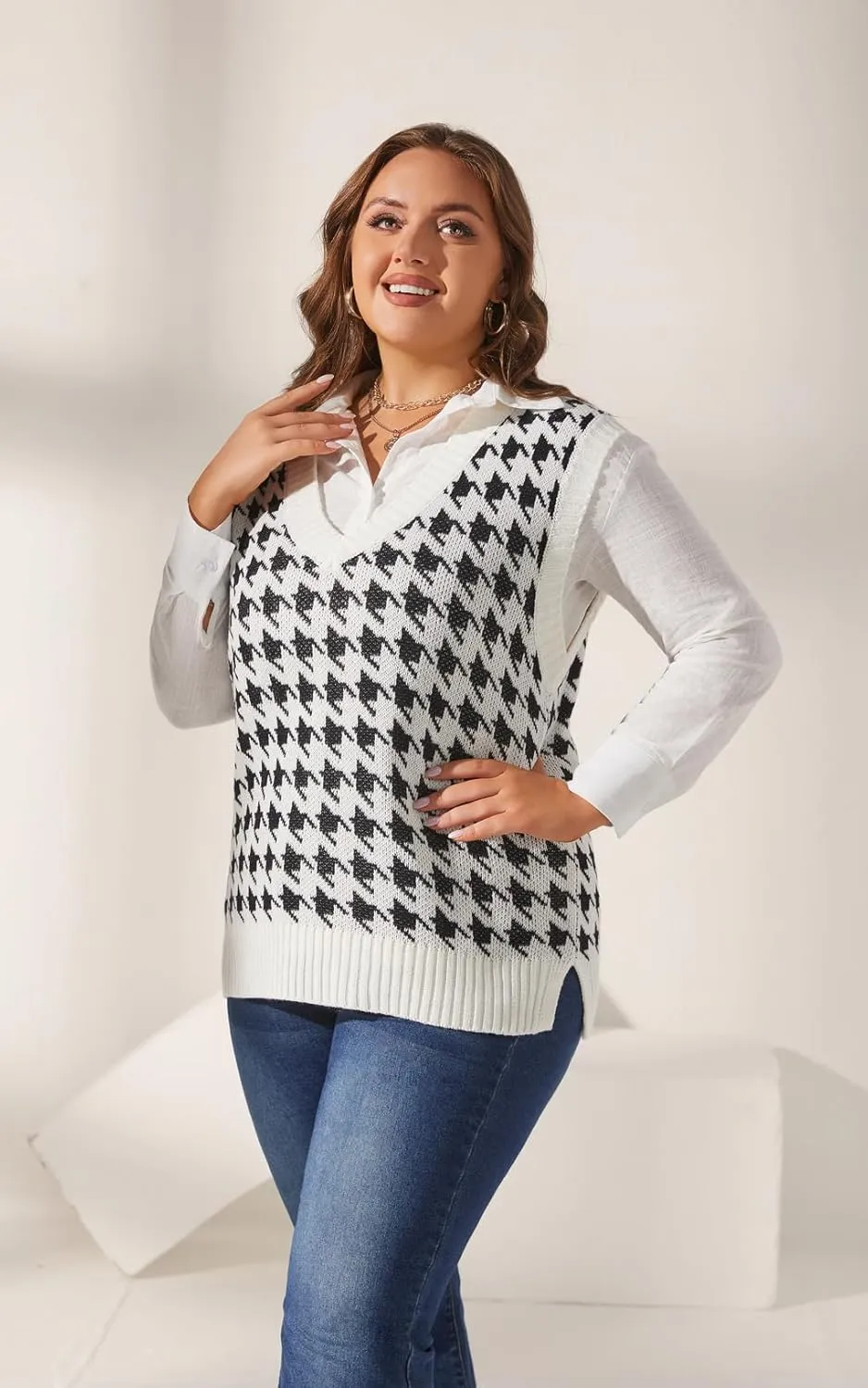 Sunfaynis Women's V Neck Houndstooth Sweater Vest Sleeveless Loose Pullover Sweater