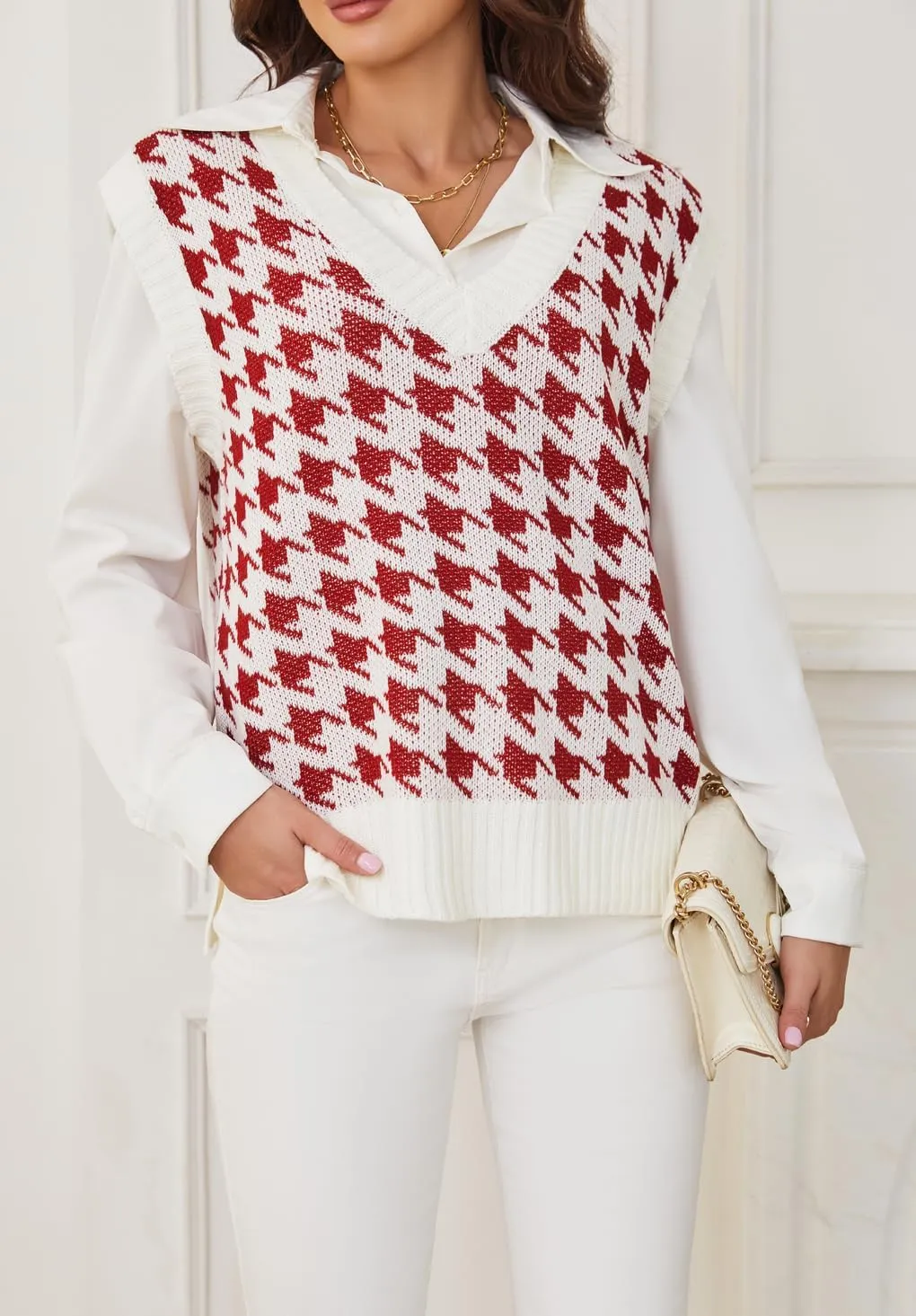 Sunfaynis Women's V Neck Houndstooth Sweater Vest Sleeveless Loose Pullover Sweater