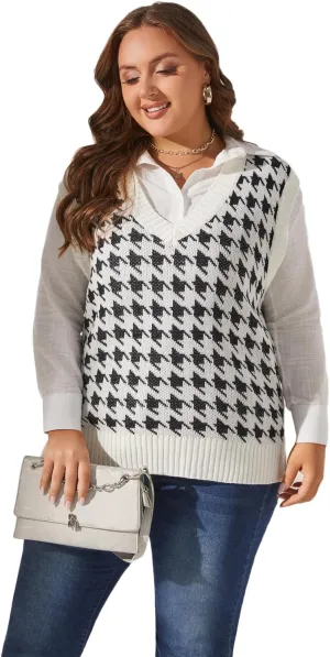 Sunfaynis Women's V Neck Houndstooth Sweater Vest Sleeveless Loose Pullover Sweater