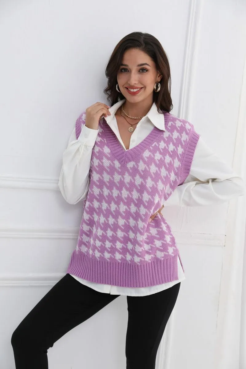 Sunfaynis Women's V Neck Houndstooth Sweater Vest Sleeveless Loose Pullover Sweater