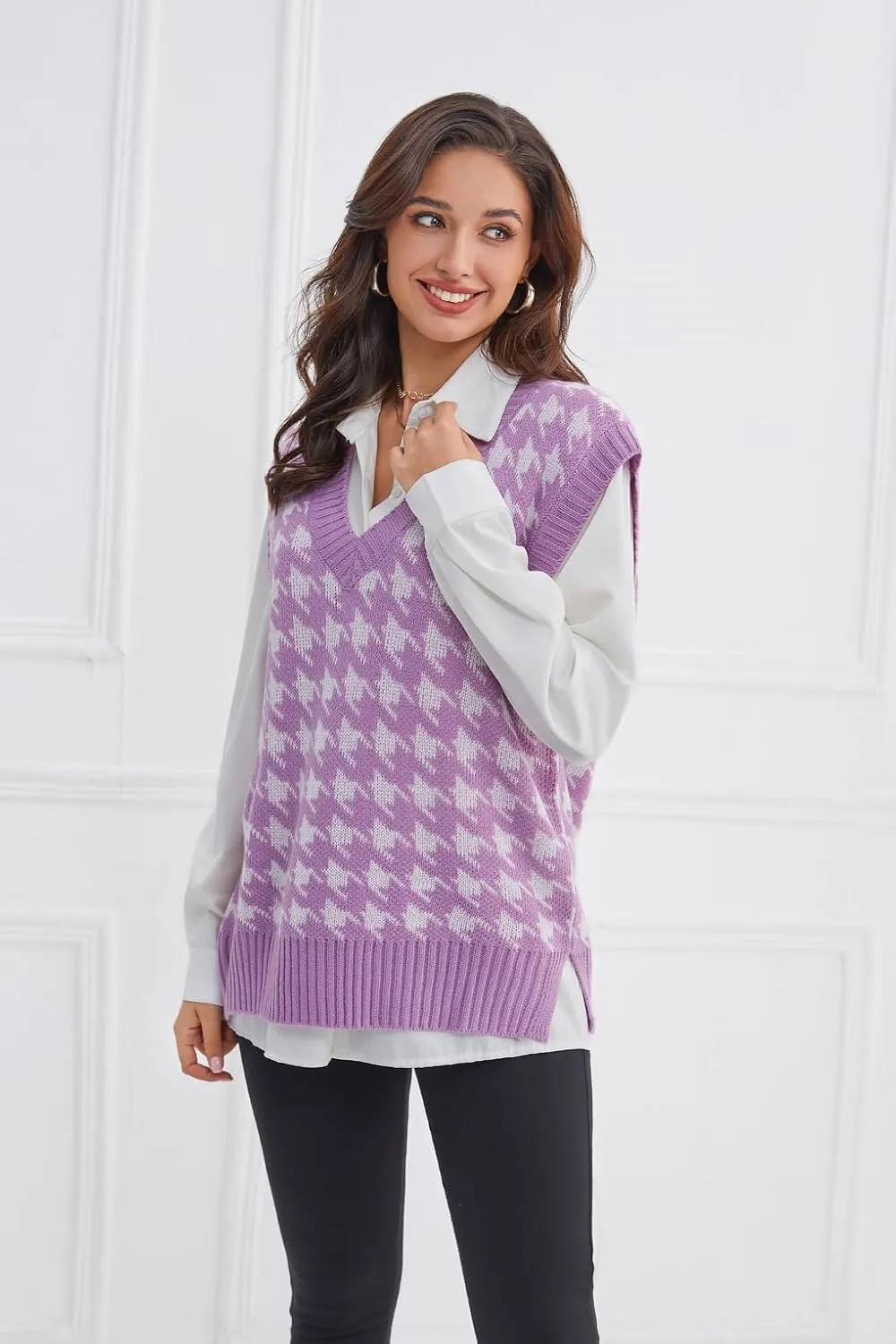 Sunfaynis Women's V Neck Houndstooth Sweater Vest Sleeveless Loose Pullover Sweater