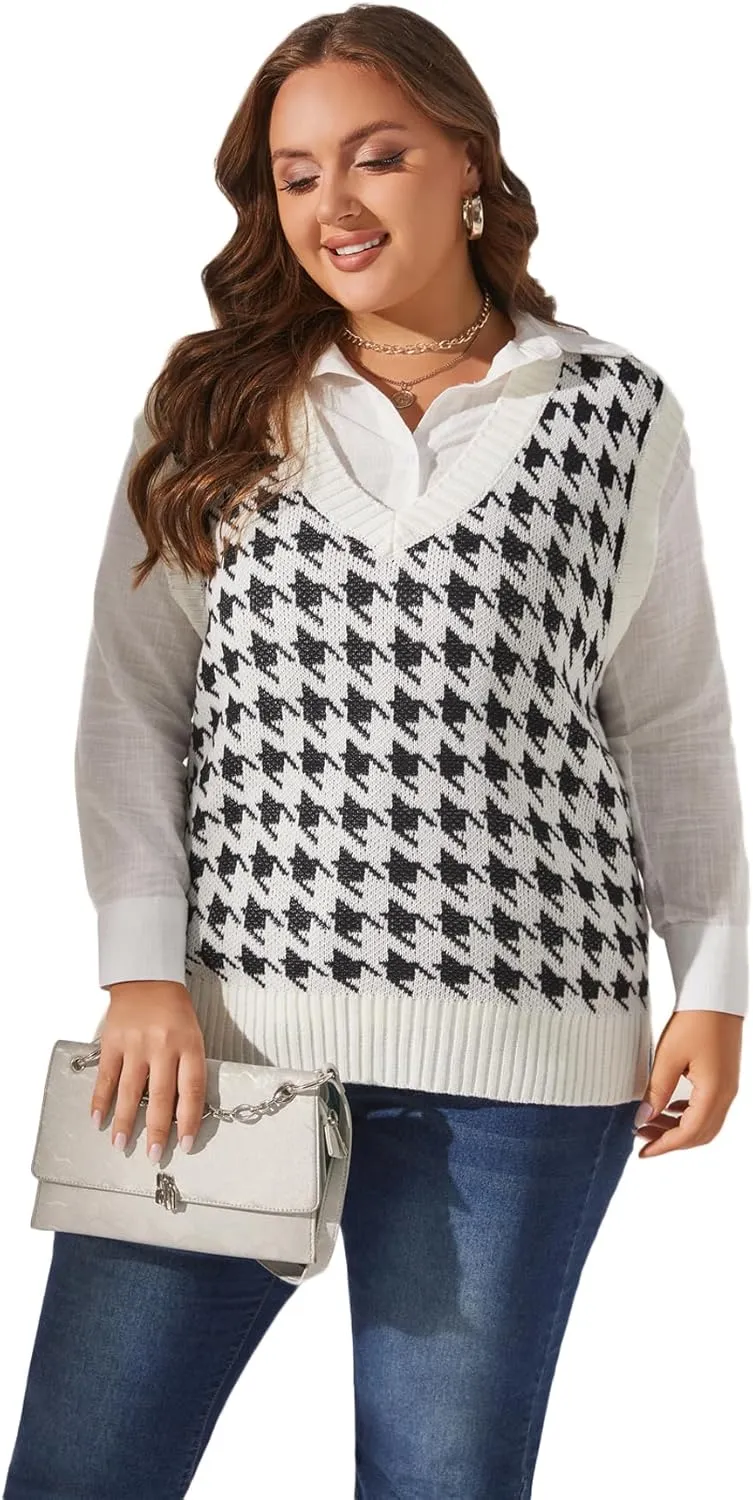 Sunfaynis Women's V Neck Houndstooth Sweater Vest Sleeveless Loose Pullover Sweater
