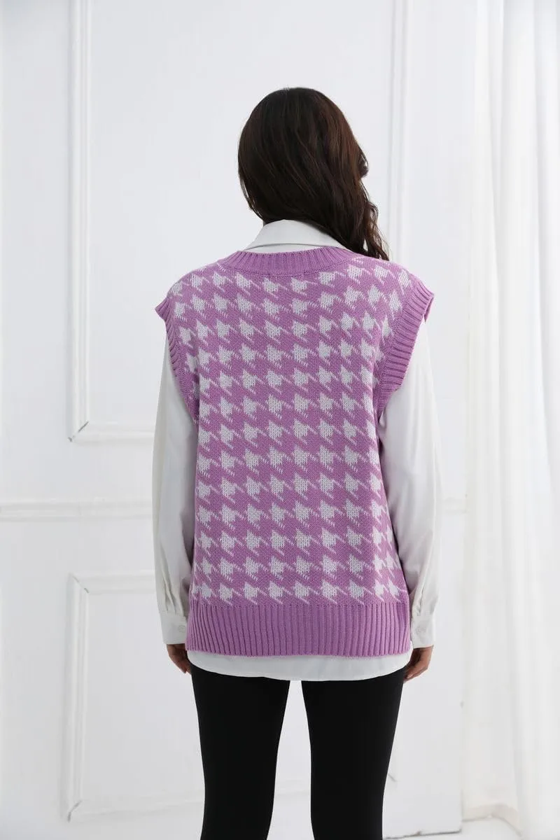 Sunfaynis Women's V Neck Houndstooth Sweater Vest Sleeveless Loose Pullover Sweater