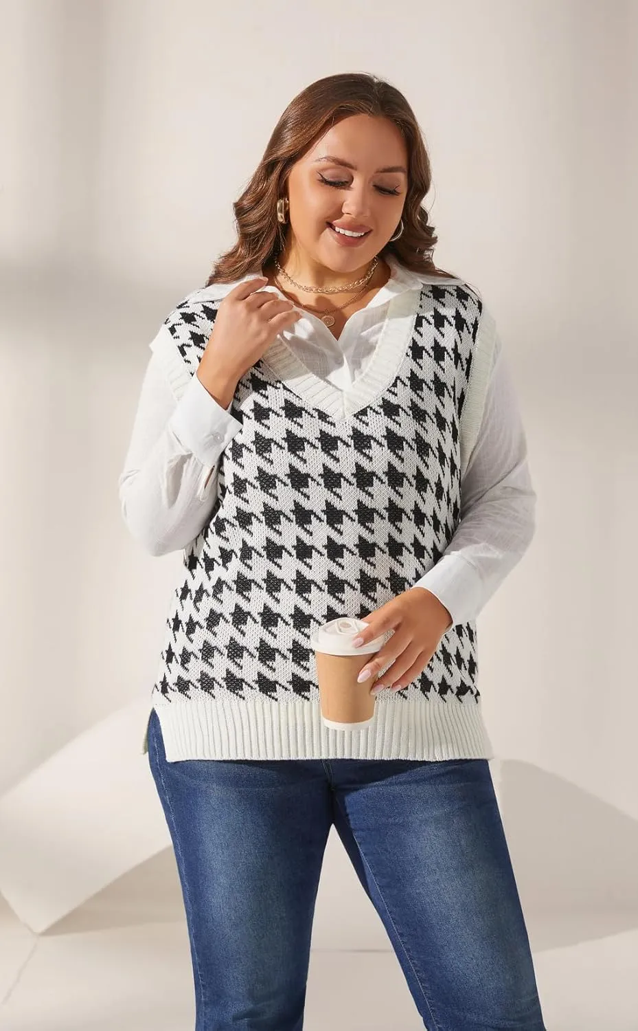 Sunfaynis Women's V Neck Houndstooth Sweater Vest Sleeveless Loose Pullover Sweater