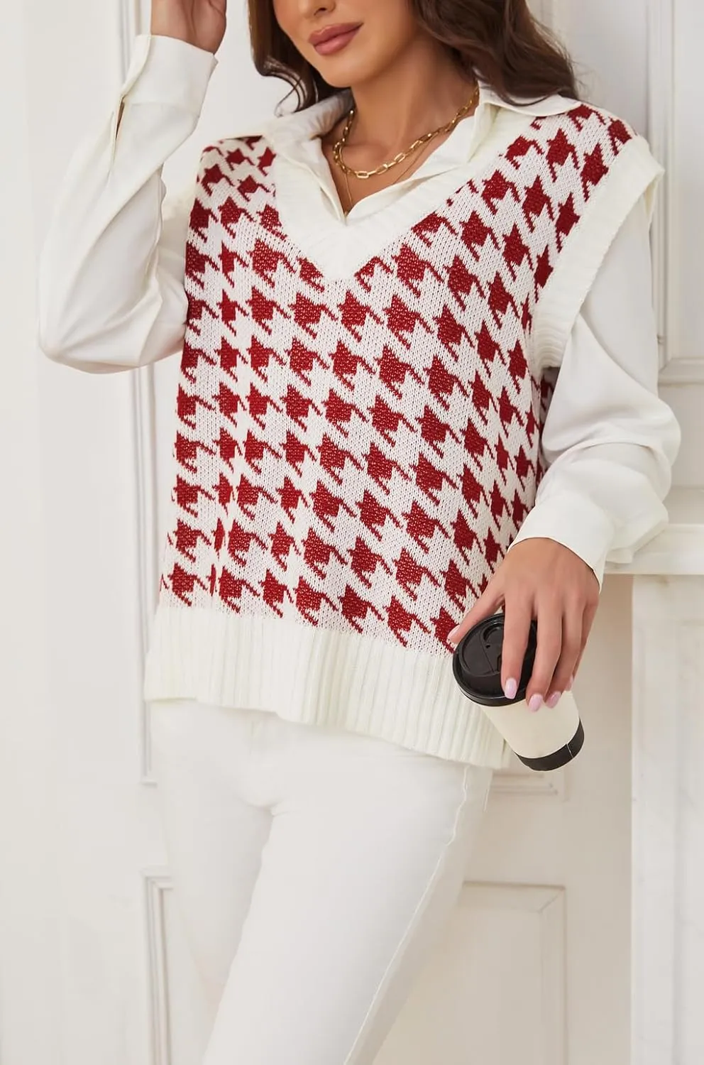 Sunfaynis Women's V Neck Houndstooth Sweater Vest Sleeveless Loose Pullover Sweater