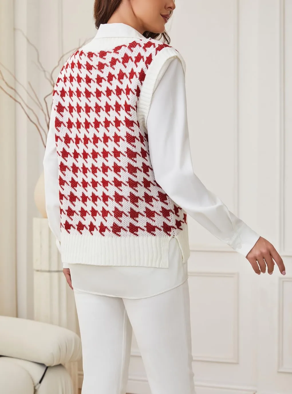 Sunfaynis Women's V Neck Houndstooth Sweater Vest Sleeveless Loose Pullover Sweater