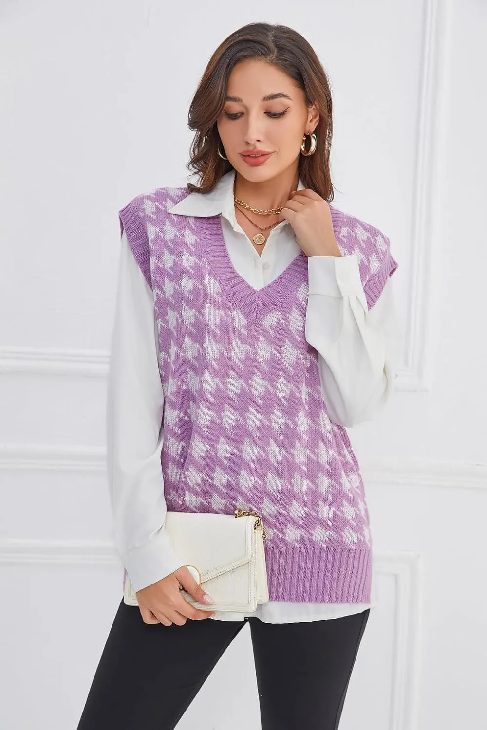 Sunfaynis Women's V Neck Houndstooth Sweater Vest Sleeveless Loose Pullover Sweater