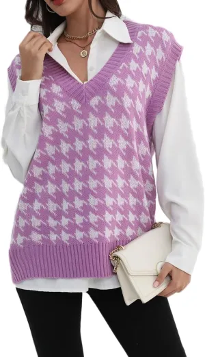Sunfaynis Women's V Neck Houndstooth Sweater Vest Sleeveless Loose Pullover Sweater