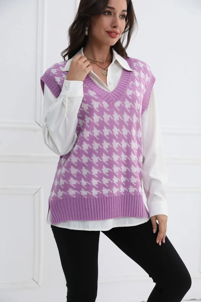 Sunfaynis Women's V Neck Houndstooth Sweater Vest Sleeveless Loose Pullover Sweater