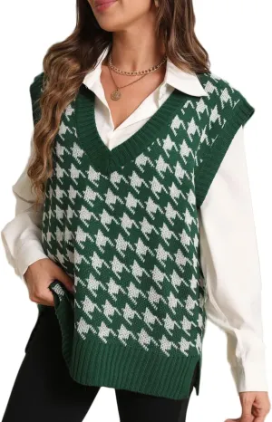Sunfaynis Women's V Neck Houndstooth Sweater Vest Sleeveless Loose Pullover Sweater