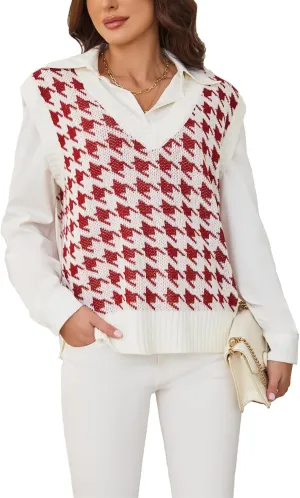 Sunfaynis Women's V Neck Houndstooth Sweater Vest Sleeveless Loose Pullover Sweater