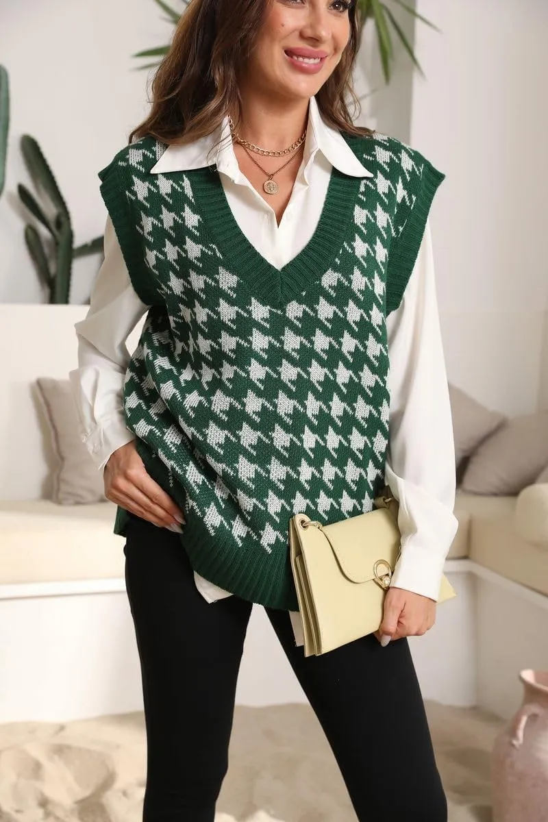 Sunfaynis Women's V Neck Houndstooth Sweater Vest Sleeveless Loose Pullover Sweater