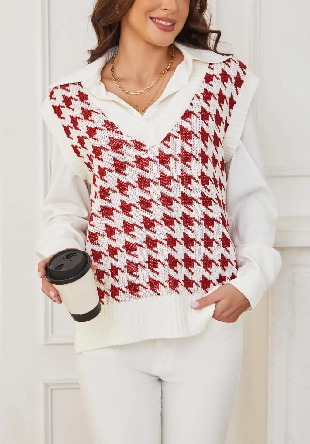 Sunfaynis Women's V Neck Houndstooth Sweater Vest Sleeveless Loose Pullover Sweater