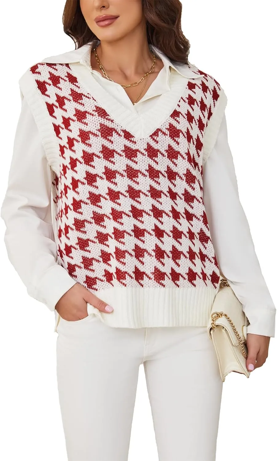 Sunfaynis Women's V Neck Houndstooth Sweater Vest Sleeveless Loose Pullover Sweater