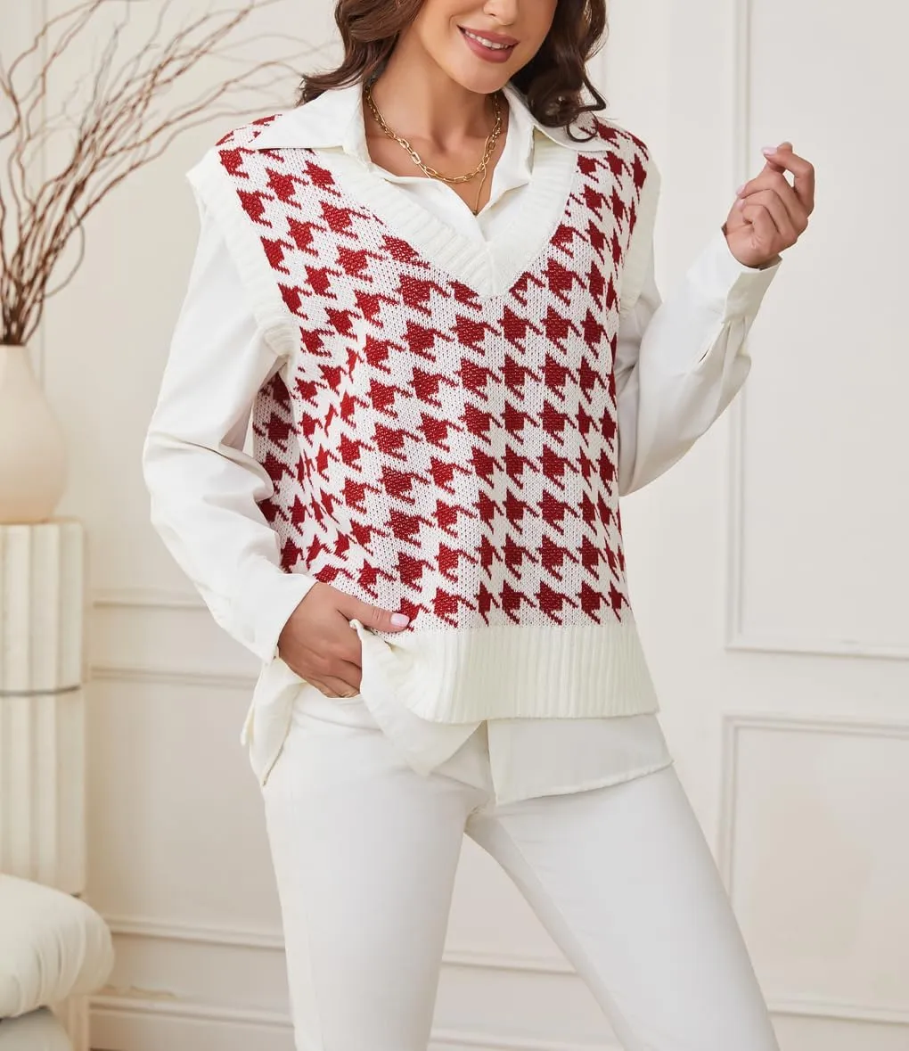 Sunfaynis Women's V Neck Houndstooth Sweater Vest Sleeveless Loose Pullover Sweater