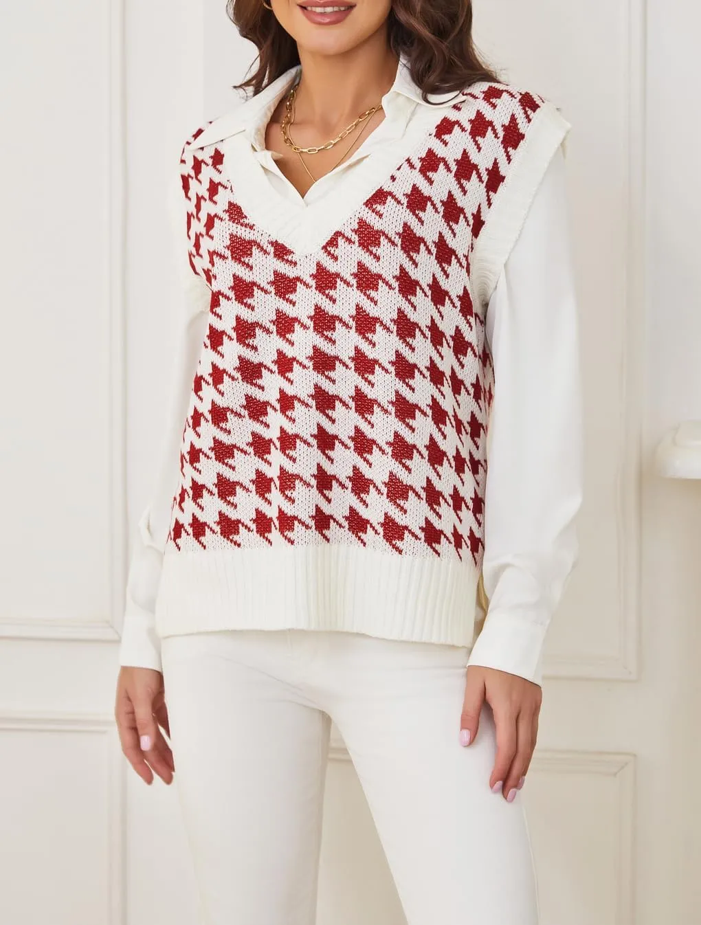 Sunfaynis Women's V Neck Houndstooth Sweater Vest Sleeveless Loose Pullover Sweater