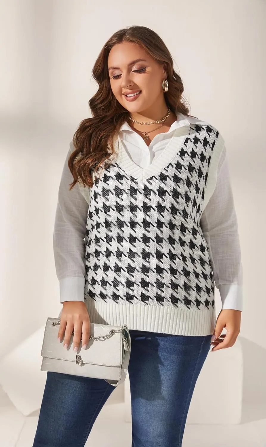 Sunfaynis Women's V Neck Houndstooth Sweater Vest Sleeveless Loose Pullover Sweater