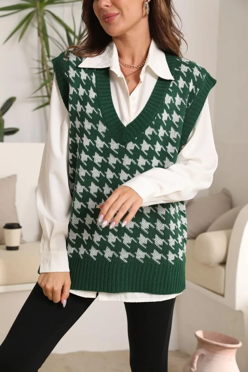 Sunfaynis Women's V Neck Houndstooth Sweater Vest Sleeveless Loose Pullover Sweater