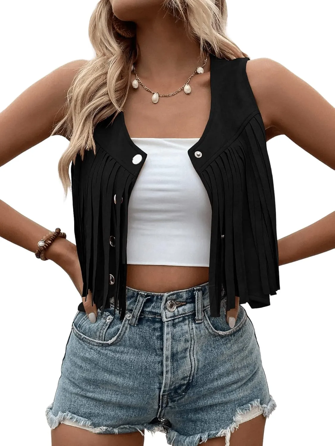 SweatyRocks Women's Suede Fringe Trim Sleeveless Crop Vest Jacket Button Front Coat