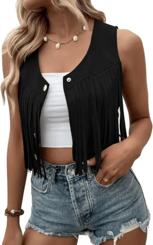 SweatyRocks Women's Suede Fringe Trim Sleeveless Crop Vest Jacket Button Front Coat