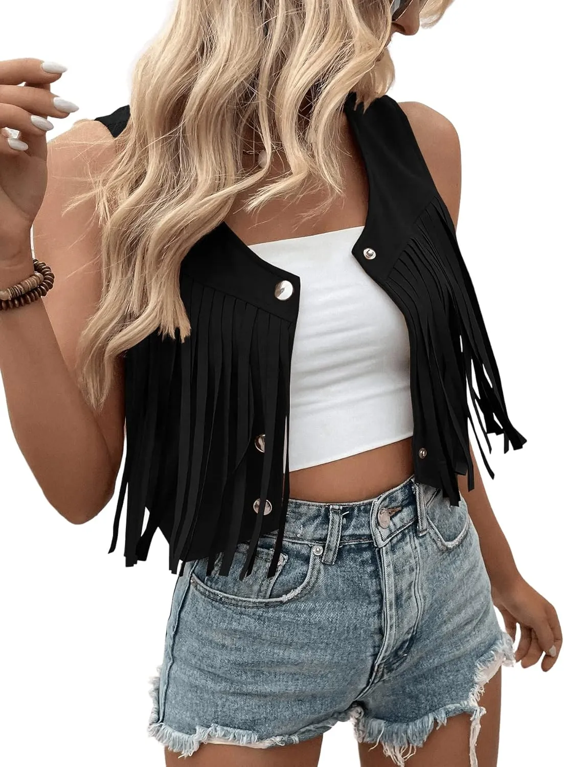 SweatyRocks Women's Suede Fringe Trim Sleeveless Crop Vest Jacket Button Front Coat