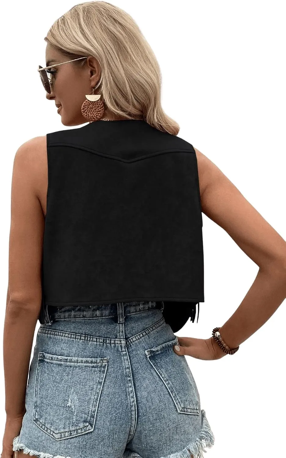 SweatyRocks Women's Suede Fringe Trim Sleeveless Crop Vest Jacket Button Front Coat