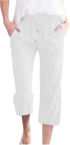 TARIENDY Capri Pants for Women Summer Casual Lounge Pants Wide Leg Pants Elastic Drawstring Cropped Trousers with Pockets