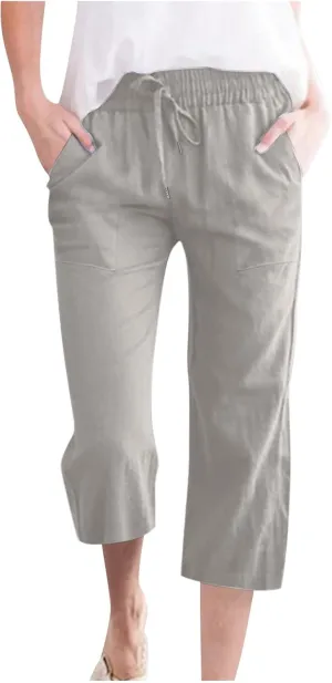 TARIENDY Capri Pants for Women Summer Casual Lounge Pants Wide Leg Pants Elastic Drawstring Cropped Trousers with Pockets