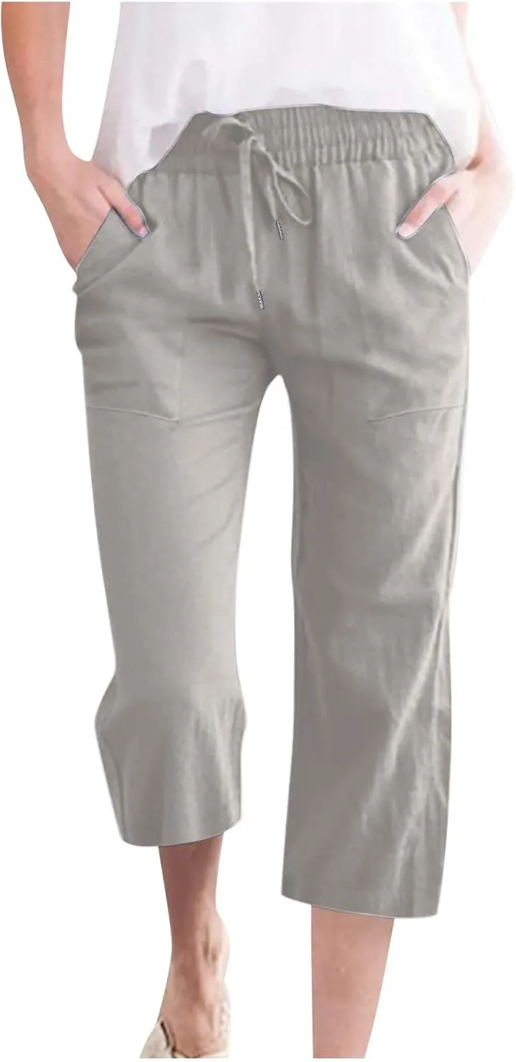 TARIENDY Capri Pants for Women Summer Casual Lounge Pants Wide Leg Pants Elastic Drawstring Cropped Trousers with Pockets