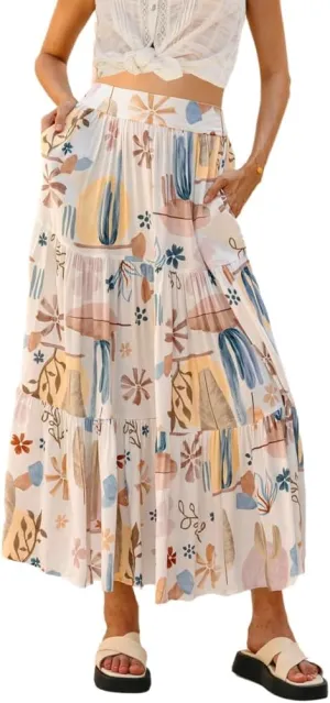 THLAI Women Beach Midi Skirt Boho Floral Print Pleated Vacation Long Skirt