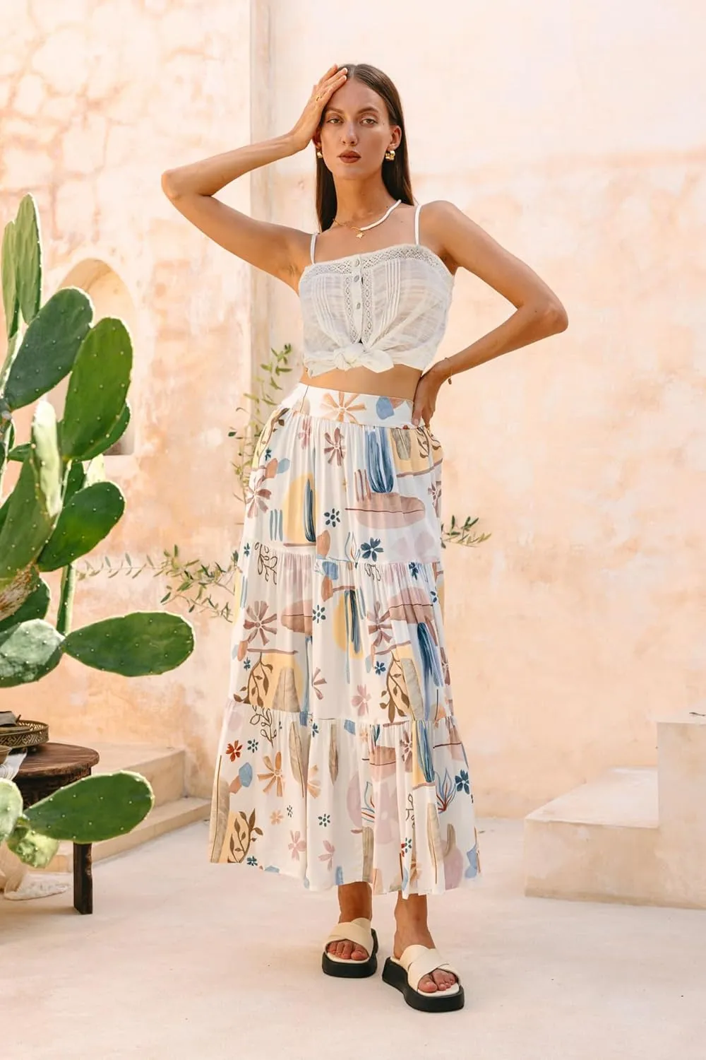 THLAI Women Beach Midi Skirt Boho Floral Print Pleated Vacation Long Skirt