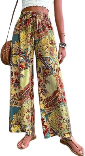 TIAFORD Women's Boho Printed Elastic High Waist Wide Leg Pants Casual Paisley Printed Smocked Waist Loose Pants Trousers