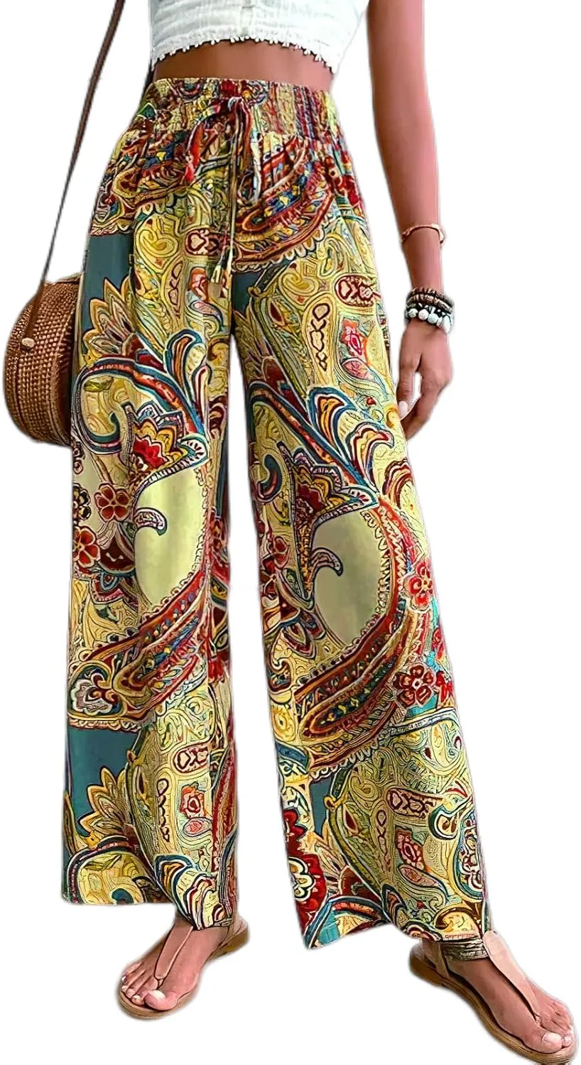 TIAFORD Women's Boho Printed Elastic High Waist Wide Leg Pants Casual Paisley Printed Smocked Waist Loose Pants Trousers