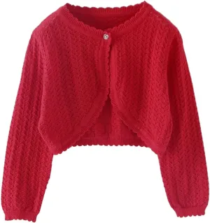 Toddler Baby Girls Shru Bolero Cardigan Knitted Long Sleeve Button Closure Lace Cropped Sweaters Tops Outwear