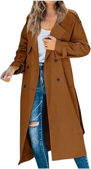 Trench Coat For Women 2024 Winter Trendy Pea Coats Double Breasted Fall Fashion Lapel Collar Outerwear Long Jacket
