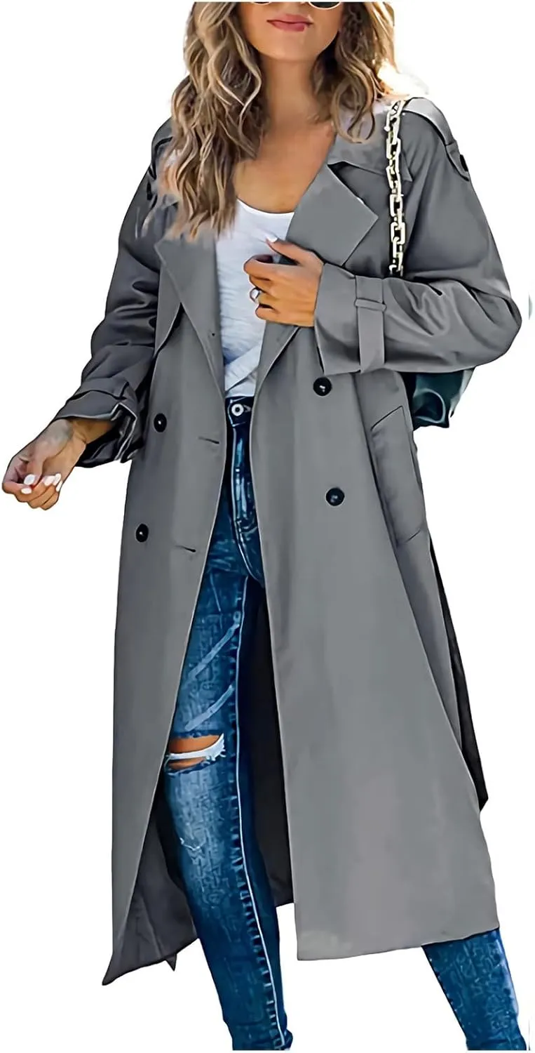 Trench Coat for Women Lapel Double Breasted Overcoat Long Trench Jacket Windproof Slim Fit Windbreaker with Belt